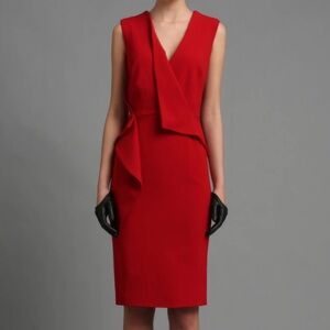 Valentina Shah Red Ponte Sheath Dress | Structured V-Neck Ruffle Bodice | Sz 2